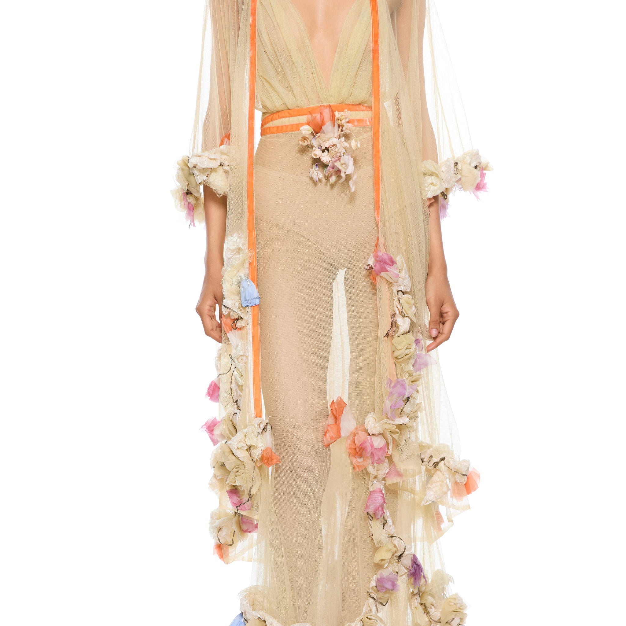 1940s Floral Appliquéd Gown with Sheer Overlay