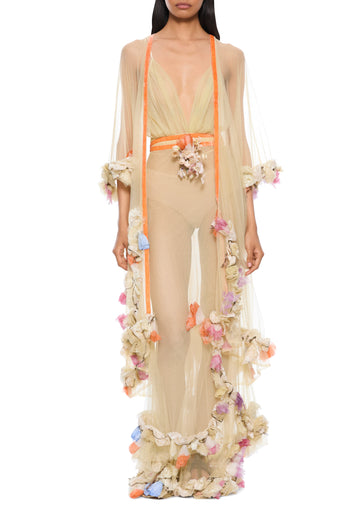 1940s Floral Appliquéd Gown with Sheer Overlay