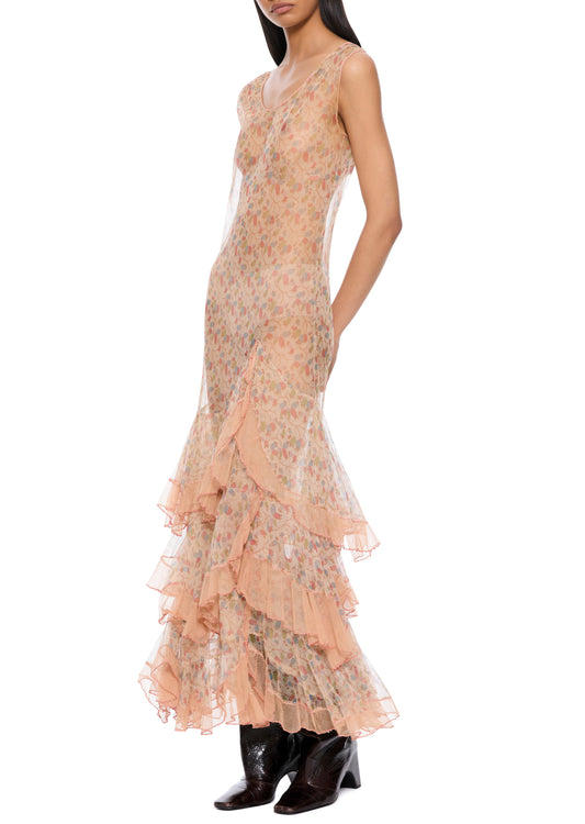 1930s Floral Peach Shift Dress