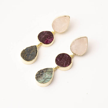 Pendientes Mademoiselle Ed. Limitada Rough Rosa Cuarzo, Rubí y Labradorita